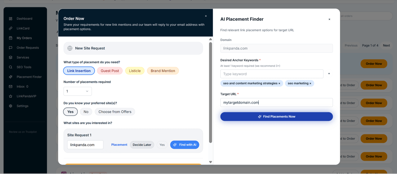 AI placement finder in new order form