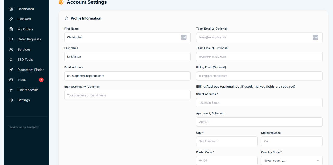 LinkPanda Accounting Settings Page