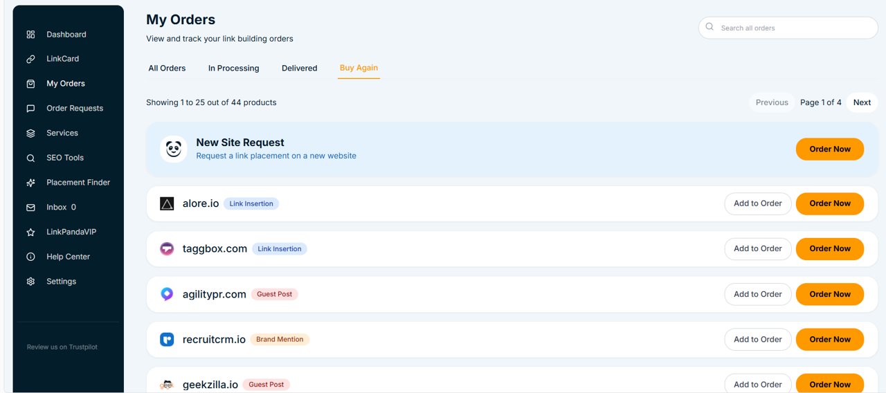 LinkPanda App - Buy Again screen in My Orders page