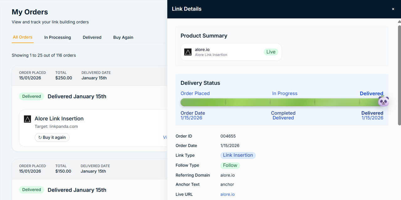 LinkPanda App - Link detail view on my orders page