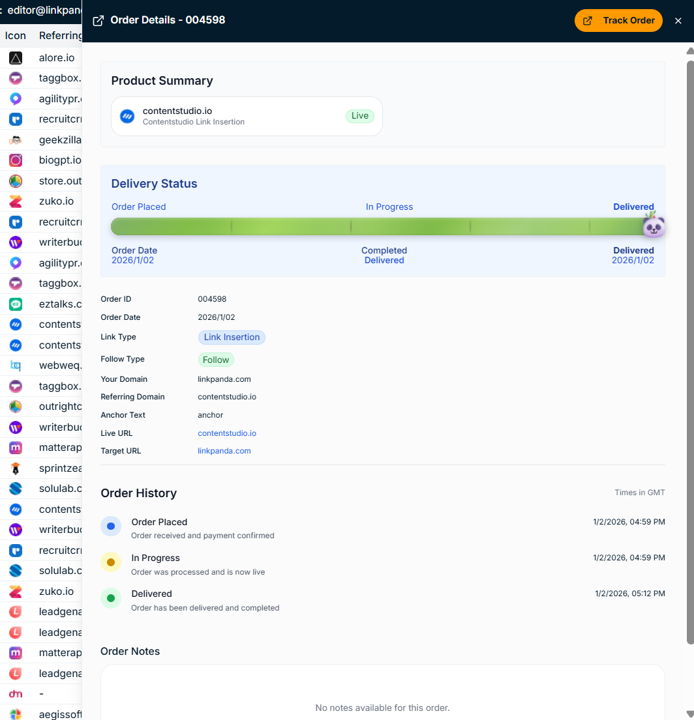 LinkPanda App - Order detail view