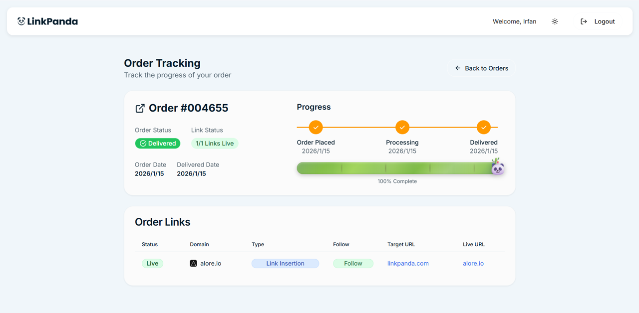 LinkPanda Track order link