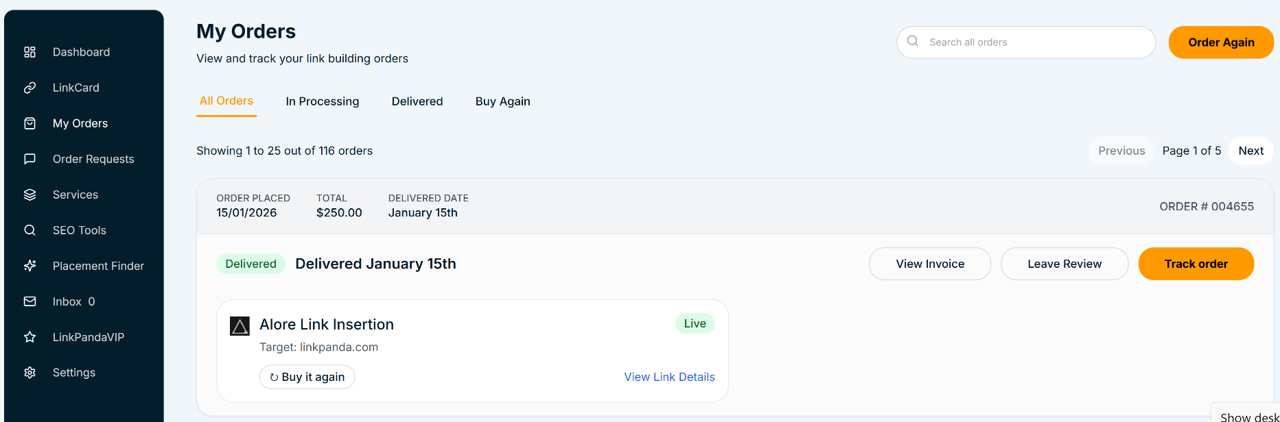 Order Again button on LinkPanda App my orders page