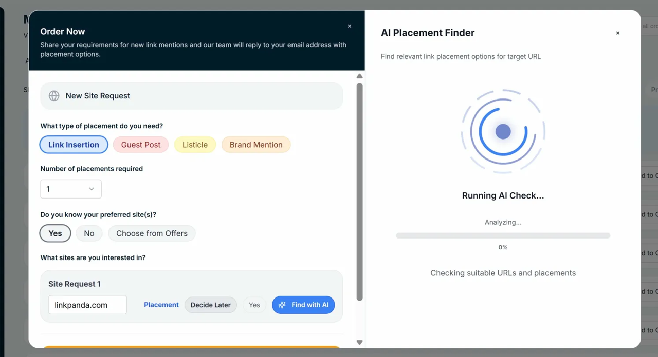 Running AI check in backlink placement finder