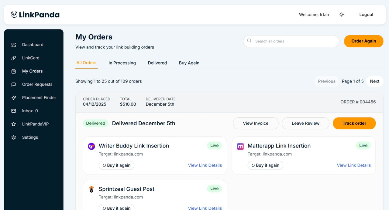 My orders page LinkPanda App