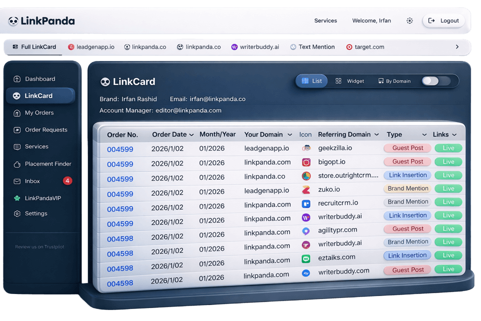 LinkPanda App account screen transparent, documenting backlinks sourced for agency services