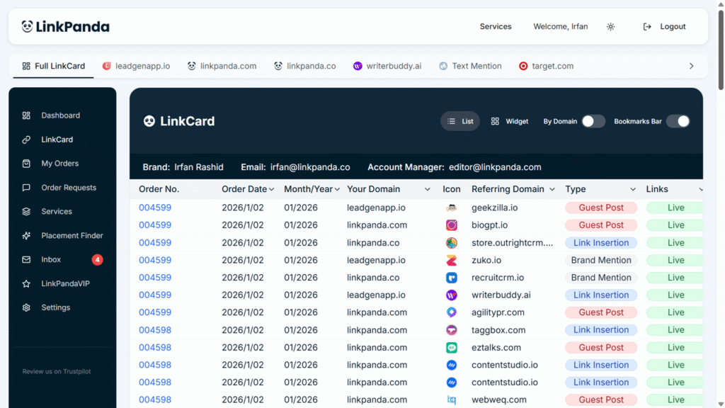 Authority link building campaigns documented on the LinkCard inside LinkPanda App screen