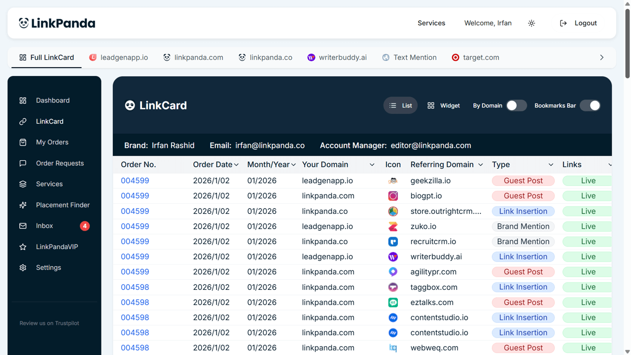Authority link building campaigns documented on the LinkCard inside LinkPanda App screen