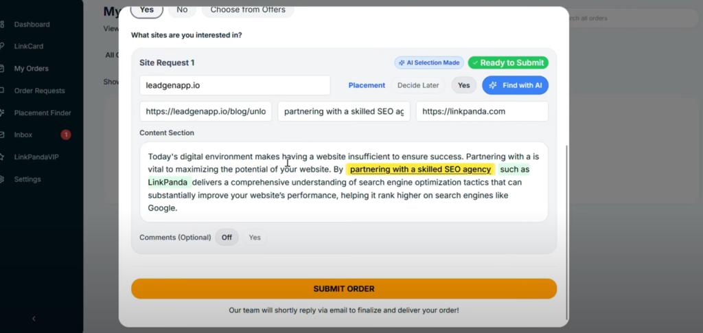 Submit order form with placement finder