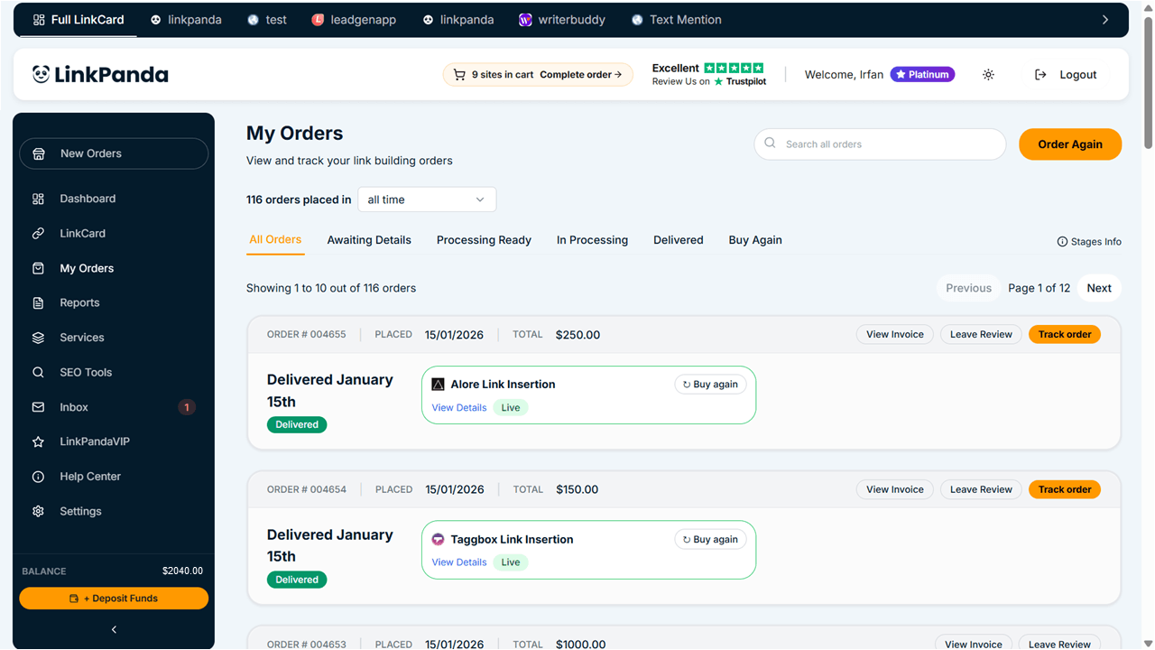 LinkPanda App - My Orders Page