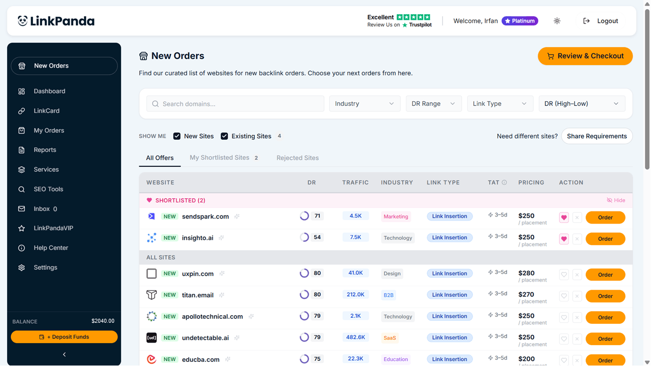 LinkPanda App New Orders page