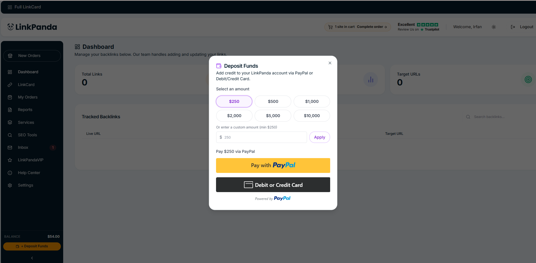 LinkPanda Deposit Funds popup showing preset amounts and Pay Now via PayPal button
