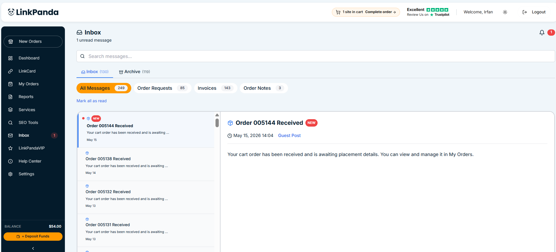 LinkPanda Inbox showing All Messages, Order Requests, Invoices and Order Notes tabs