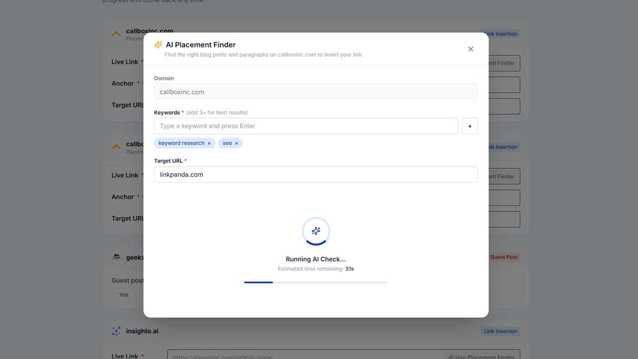 AI Placement Finder modal showing domain, keywords and target URL fields with running AI check