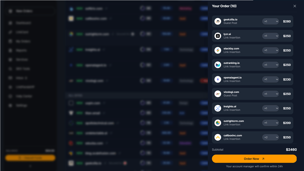 Your Order cart panel showing selected sites, quantities, prices and Order Now button