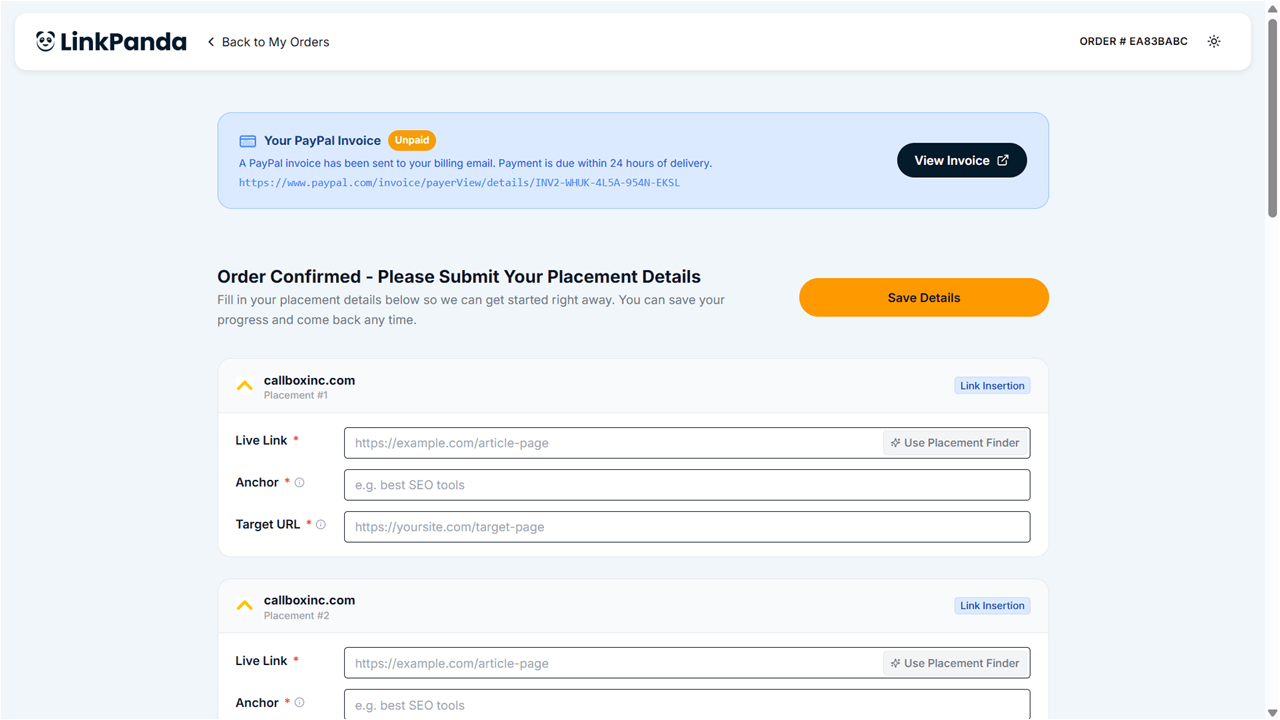Order Confirmed page showing placement details form with Live Link, Anchor and Target URL fields