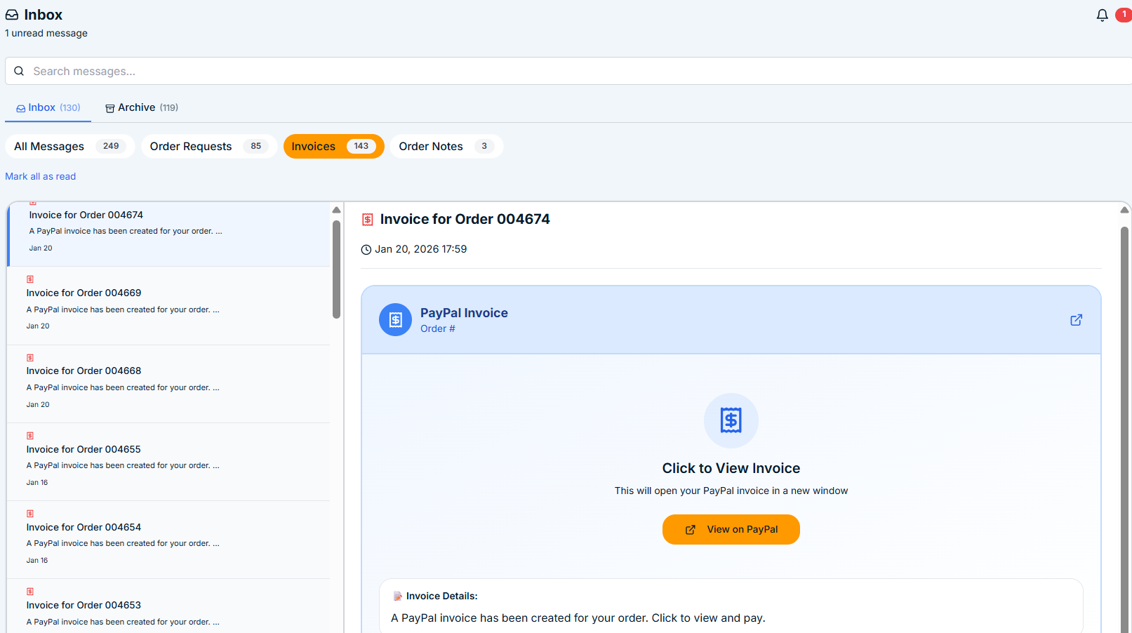 LinkPanda Inbox Invoices tab showing PayPal invoice notifications