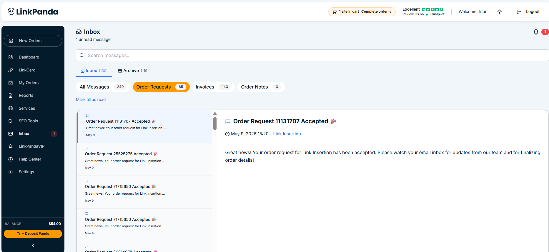 LinkPanda Inbox Order Requests tab showing order confirmation messages