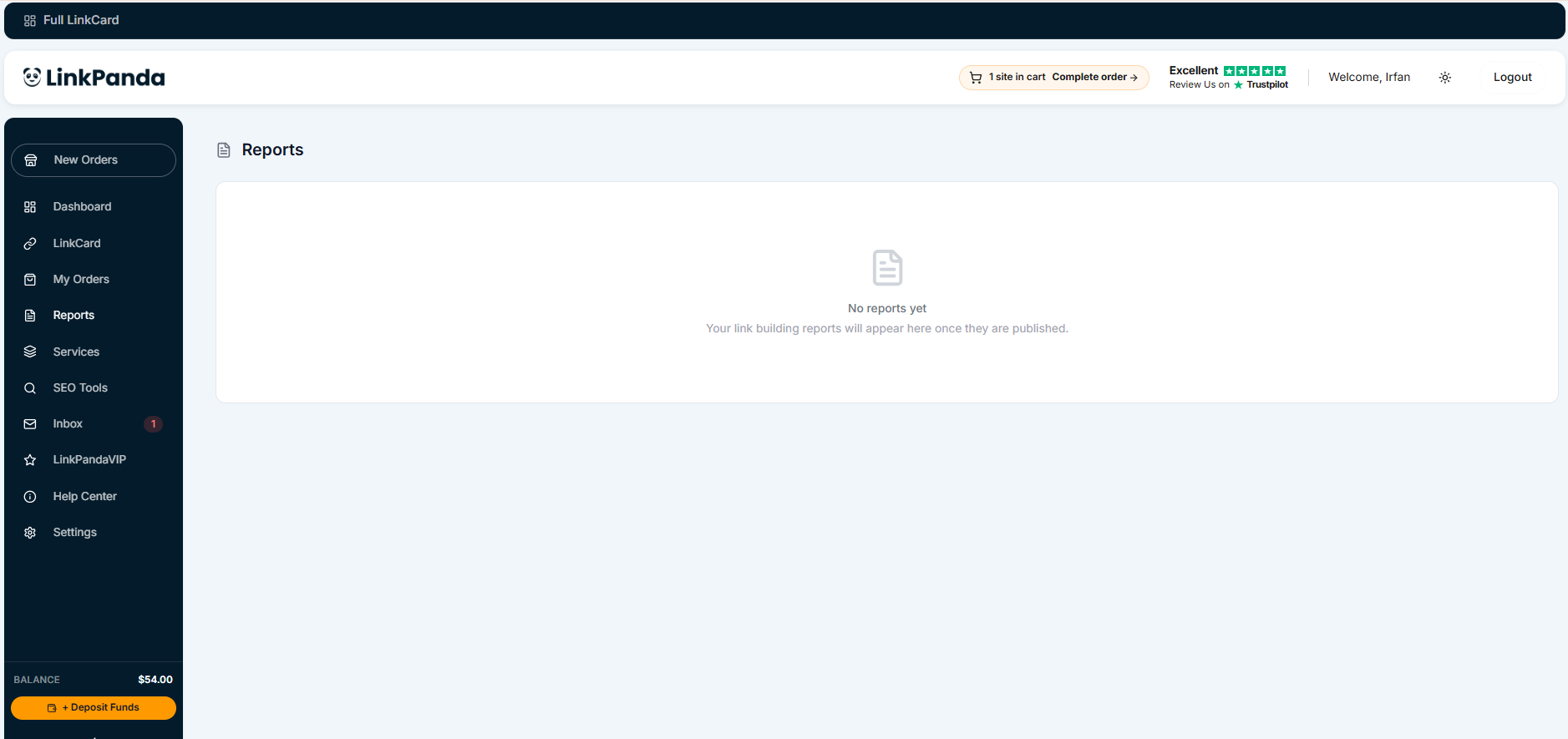 LinkPanda Reports page showing campaign performance data and backlink analytics