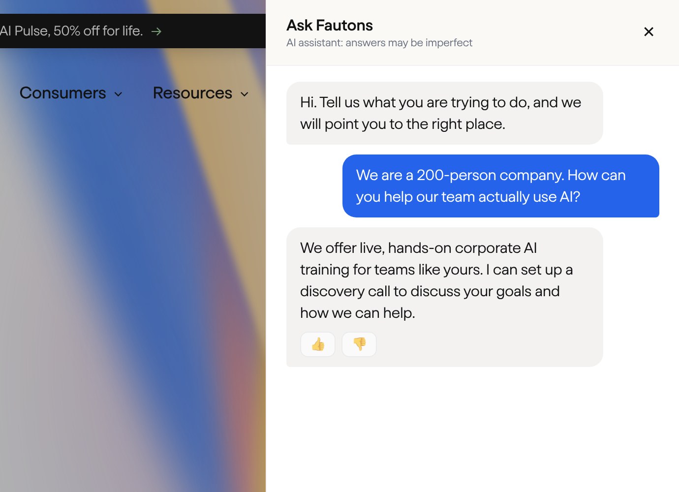 The Ask Fautons chatbot answering a question about AI training for a team