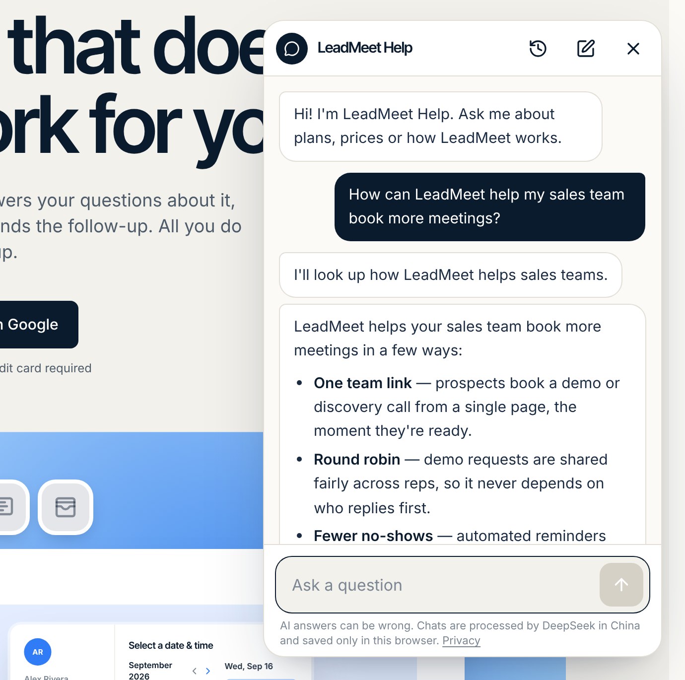 The LeadMeet Help chatbot explaining how it helps sales teams book meetings